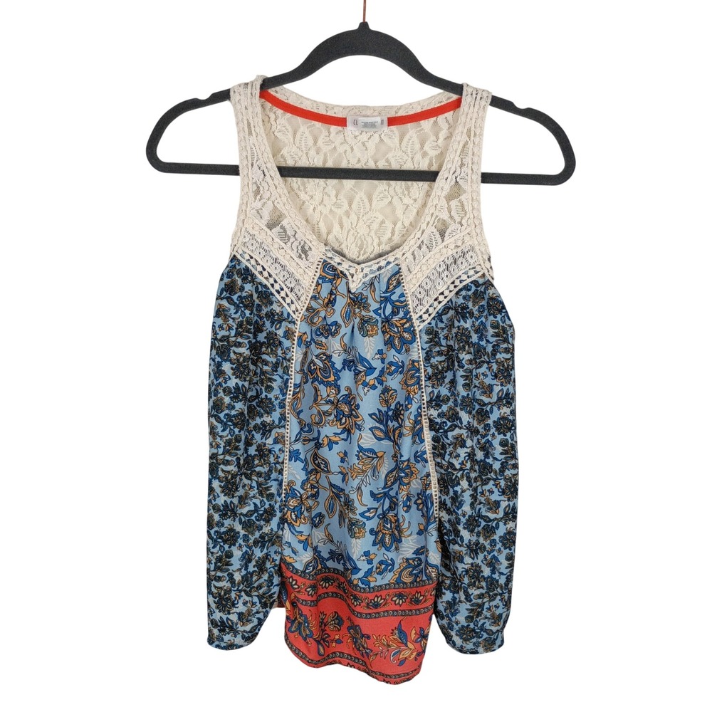Clover + Scout Womens XS Mixed Media Lace Boho Floral Tank Top Blue Orange